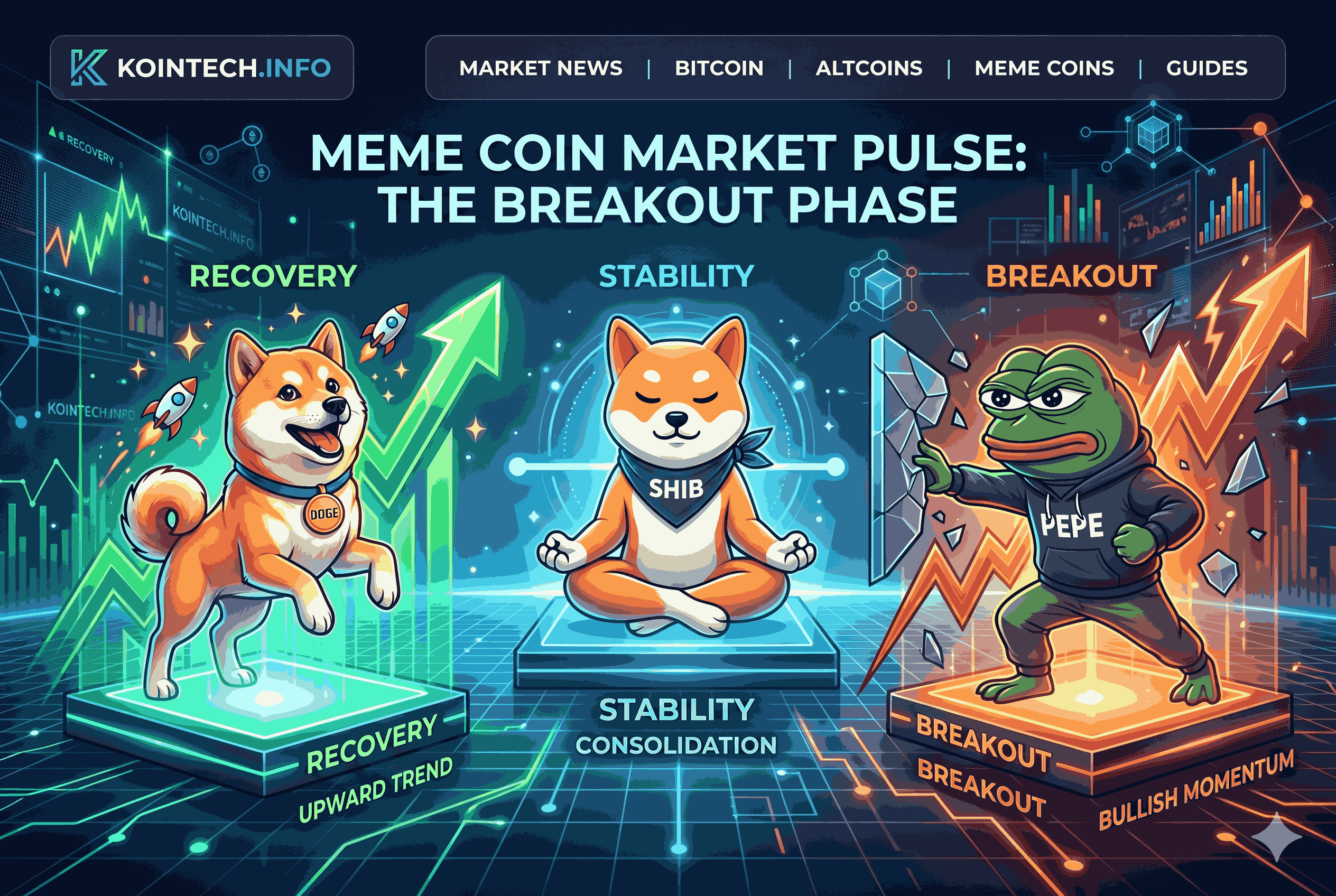 Tiga Meme Coin Panas: DOGE Pulih, SHIB Tenang, PEPE Mengancam Breakout