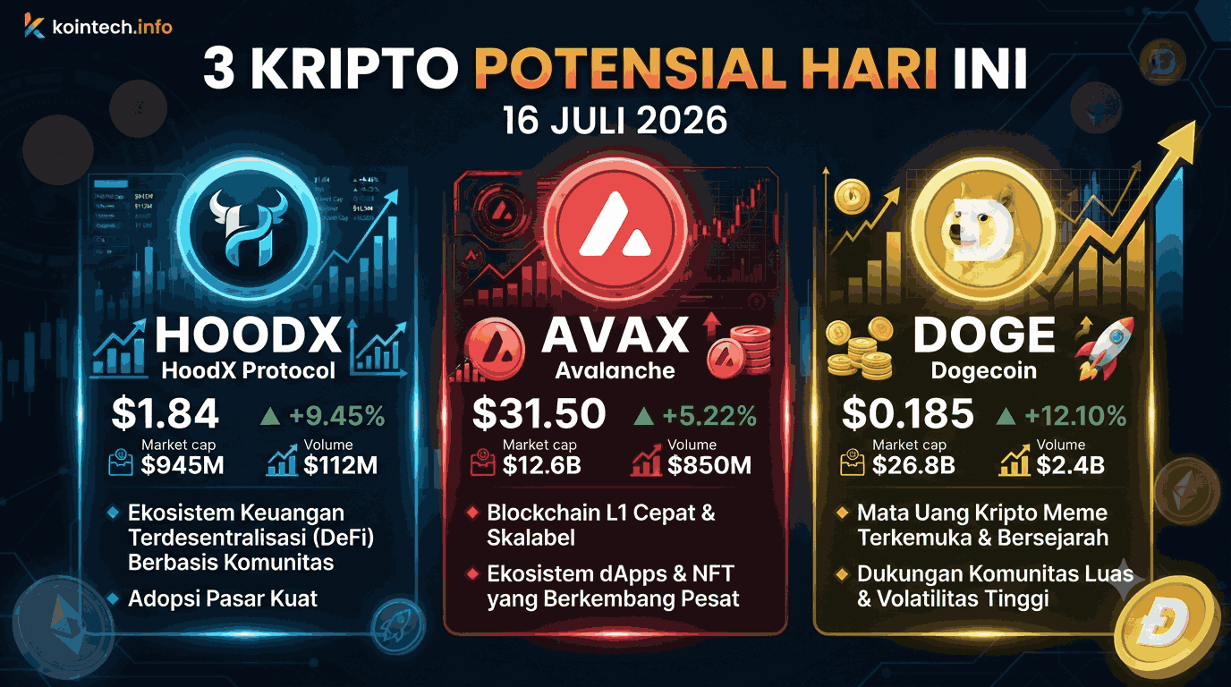 3 Kripto Potensial Hari Ini 16 Juli 2026: HOODX, AVAX, dan DOGE